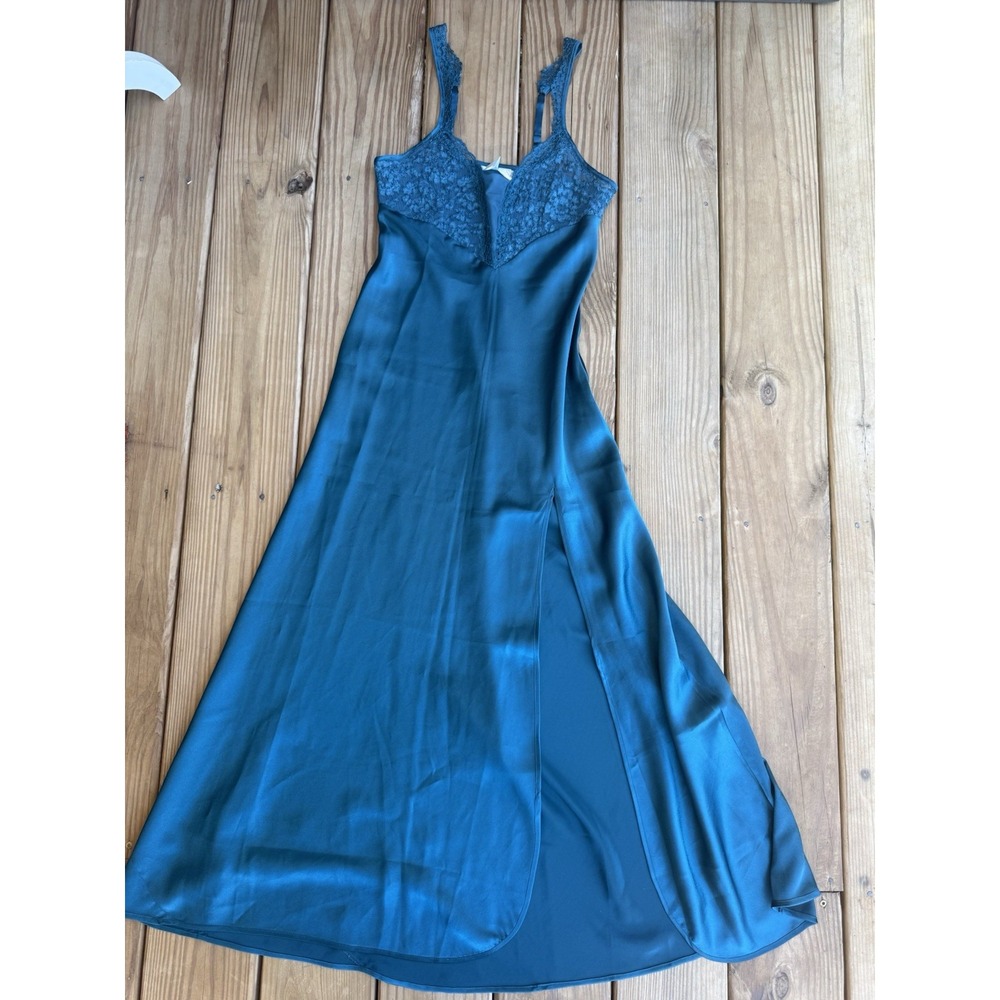 VTG 90s Victorias Secret Gold Label Green Satin Lace Maxi Slip Nightgown XS